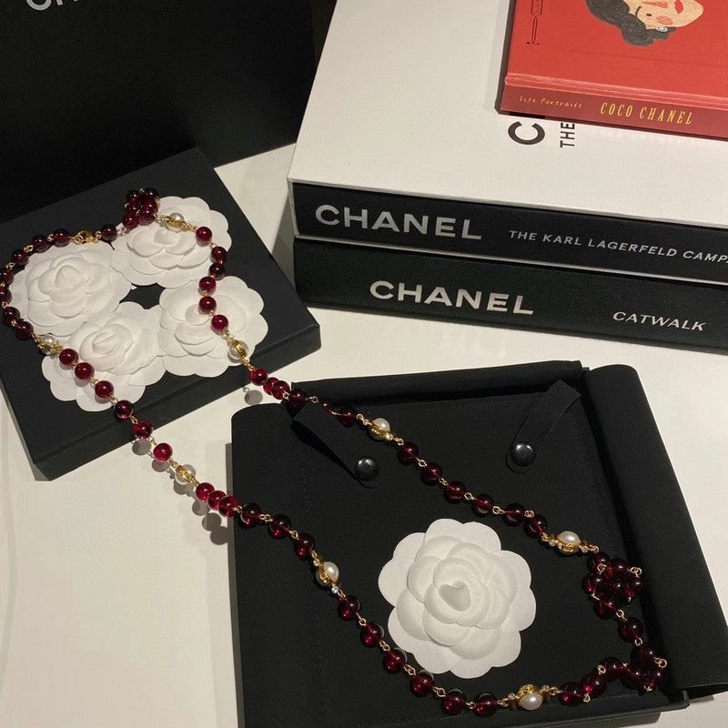 CC Long Red & White Pearls Necklace