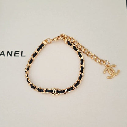 CC Black Leather Gold Chain Bracelet