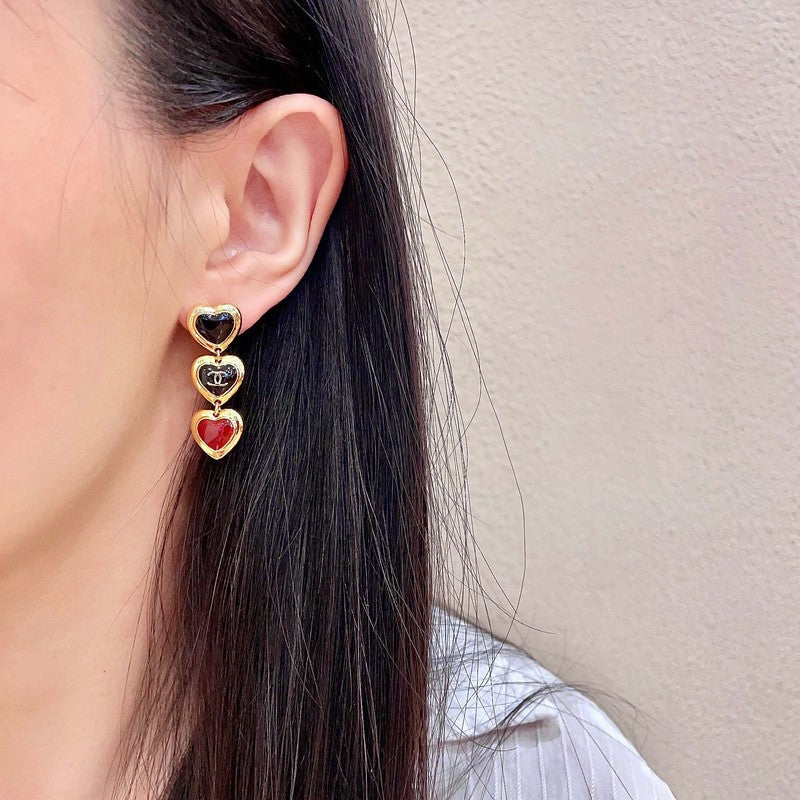 CC Black & Red Three Heart Drop Earrings