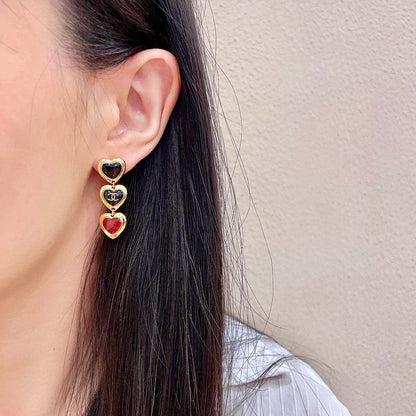 CC Black & Red Three Heart Drop Earrings