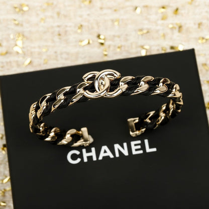 CC Black & Orange Leather Cuff Gold Bracelet