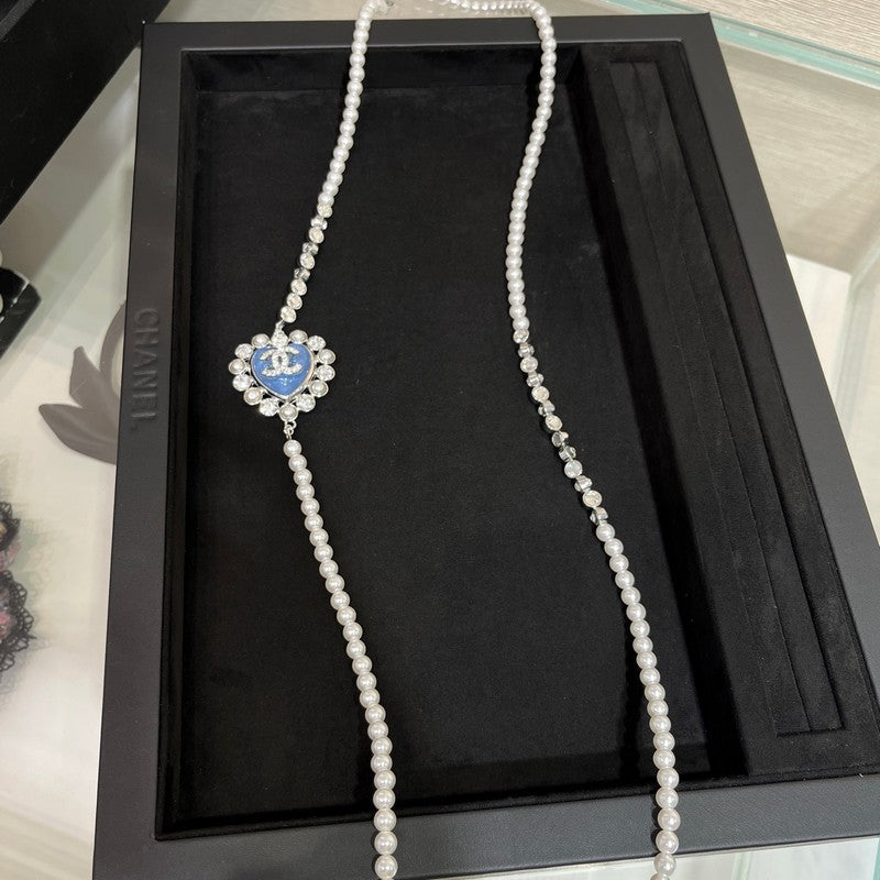 CC 25P Blue Heart Pearl Long Necklace