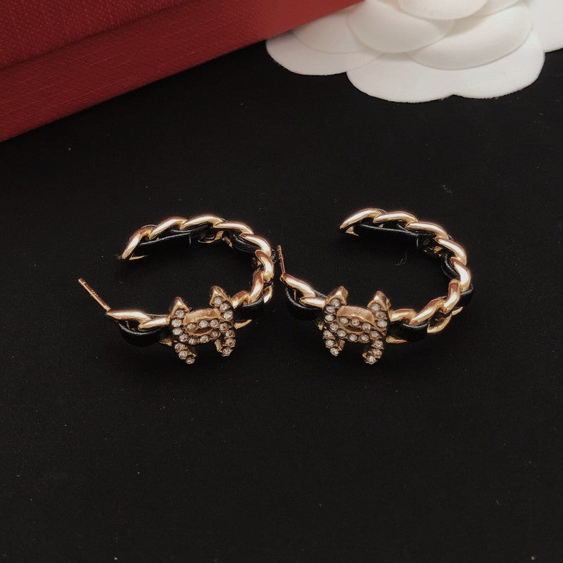 CC Black Leather Gold Earrings