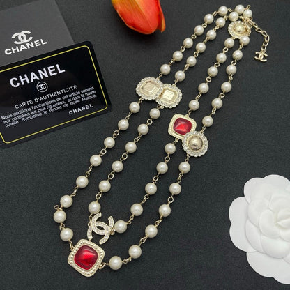 CC Red Crystal Pearl Long Necklace