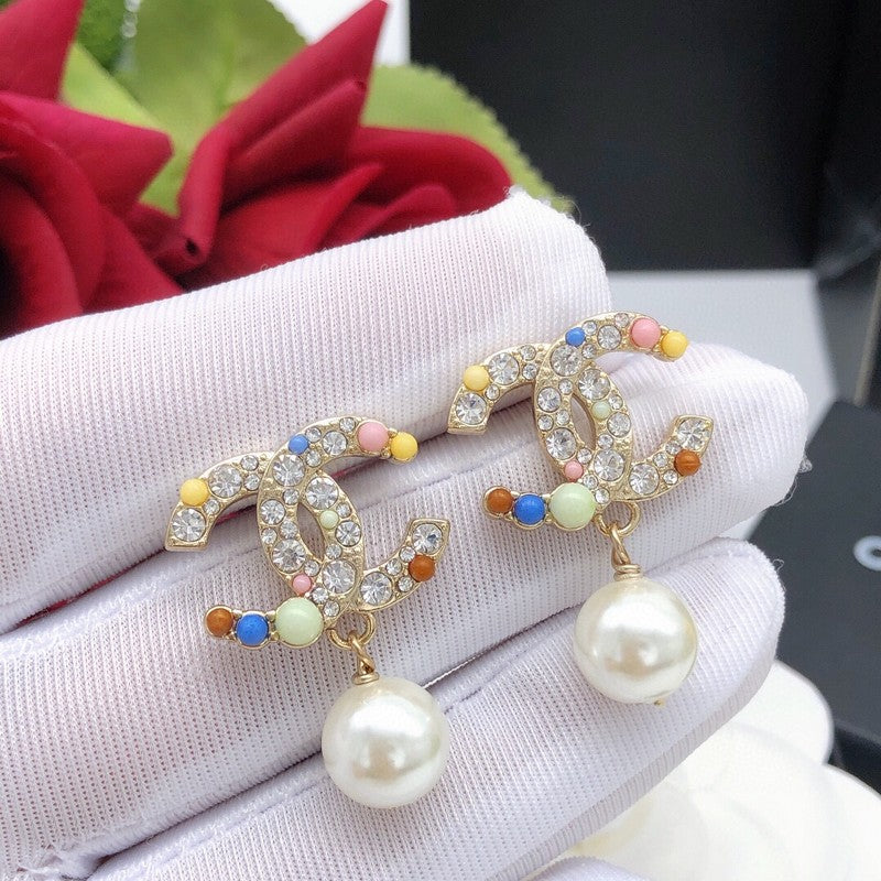 CC Color Pearl Gold Pendant Earrings