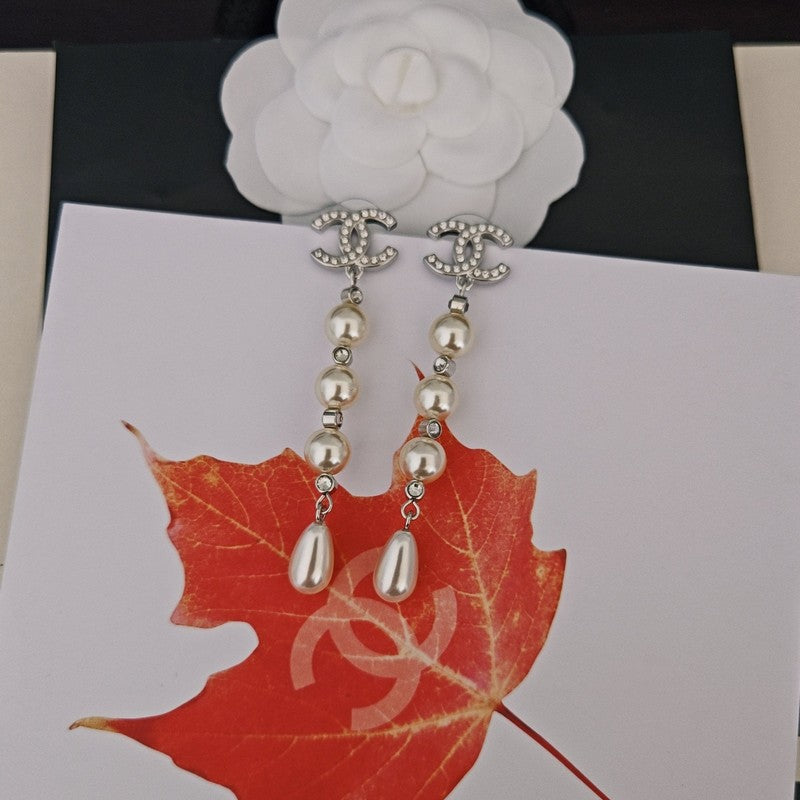CC Pearl Drop Long Earrings