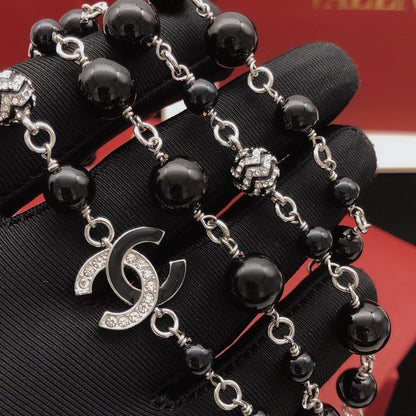 CC Black Beads Long Pearl Necklace