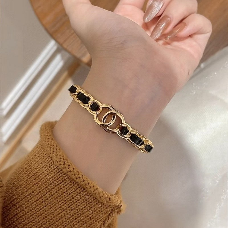 CC Black Leather Cuff Bracelet