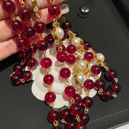 CC Long Red & White Pearls Necklace