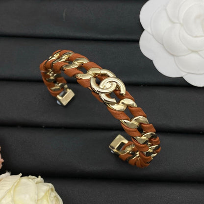 18K CC Red Leather Open Cuff Bracelet