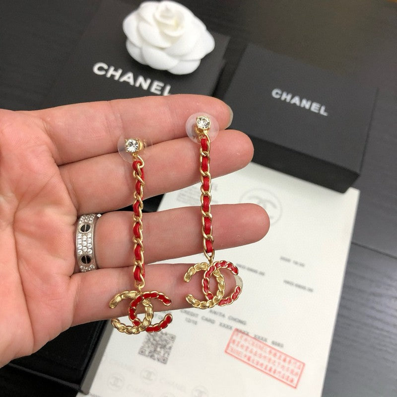 CC Red Leather Gold Long Earrings
