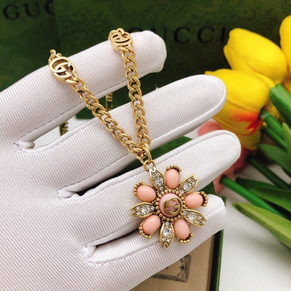 GG Pink Pearl Flower Gold Chain Necklace