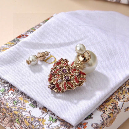 CD Tribales Red Flower Heart Faux Pearl Earrings