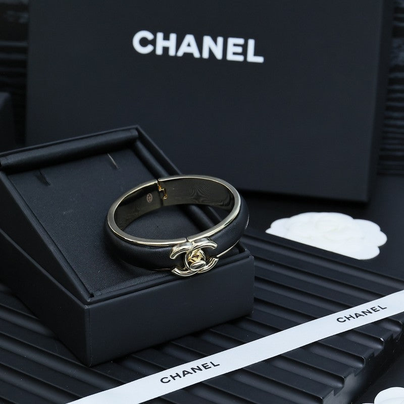 CC Black Leather Cuff Bracelet