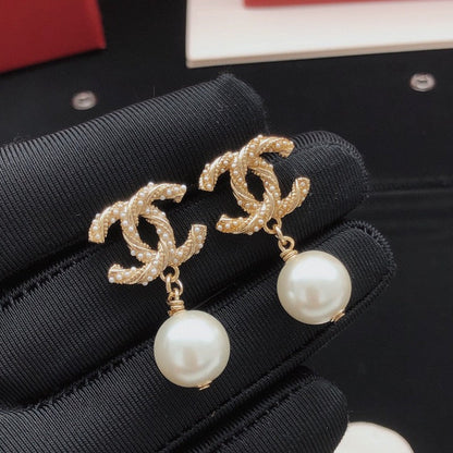 CC Pearl Gold Pendant Earrings