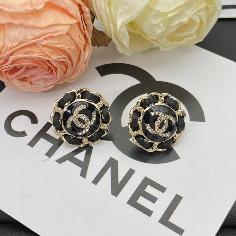CC Black Leather Round Earrings