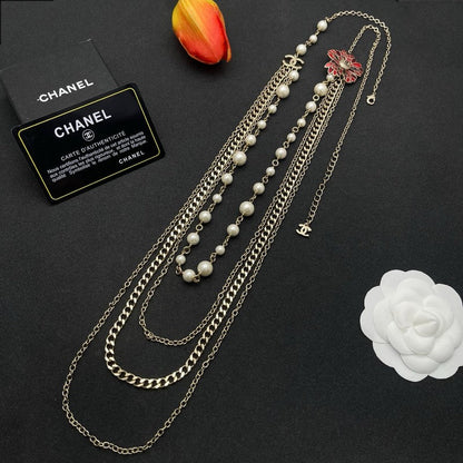 CC Red Flower Pearl Long Chain Necklace