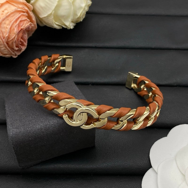 18K CC Red Leather Open Cuff Bracelet