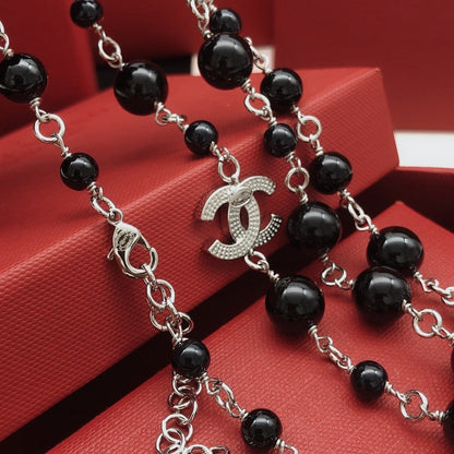 CC Black Beads Long Pearl Necklace