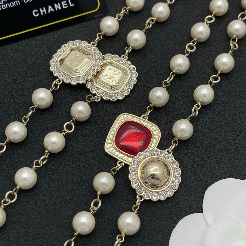 CC Red Crystal Pearl Long Necklace