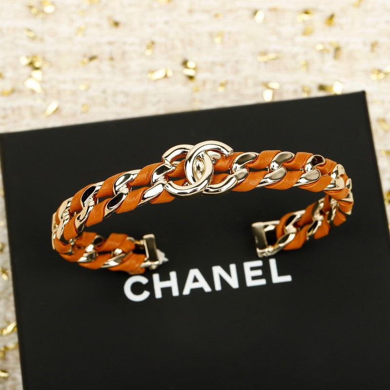 CC Black & Orange Leather Cuff Gold Bracelet