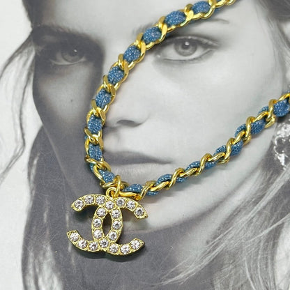 CC Sky Blye Leather Diamond Gold Necklace