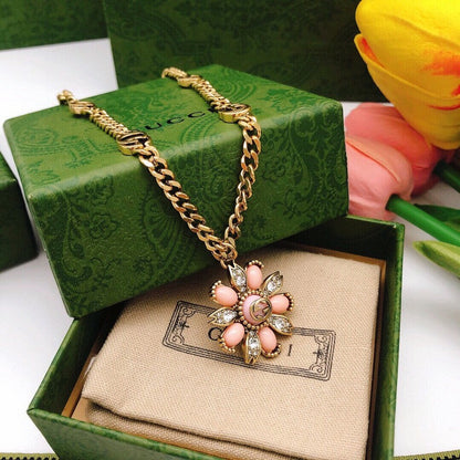 GG Pink Pearl Flower Gold Chain Necklace