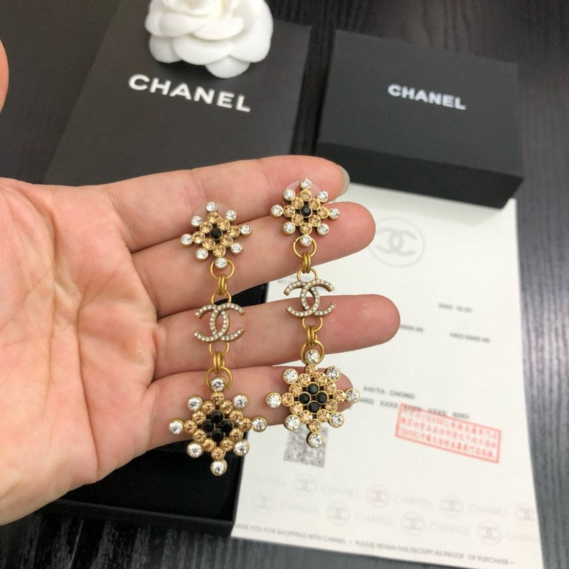 CC Black Gold Flower Long Earrings