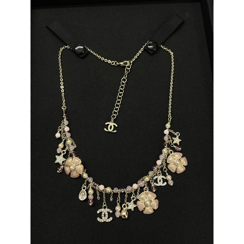 CC Pink Enamel Camellia Pearl Necklace