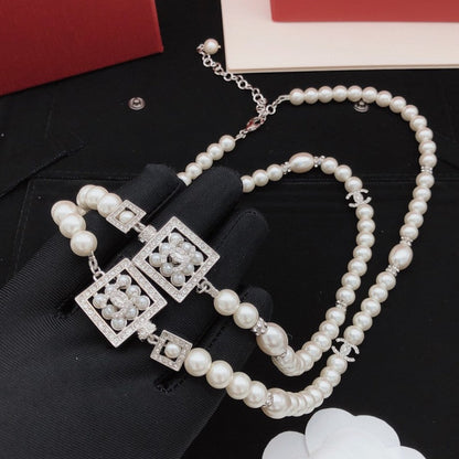 CC Square Diamond Long Pearl Necklace