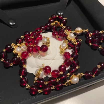 CC Long Red & White Pearls Necklace