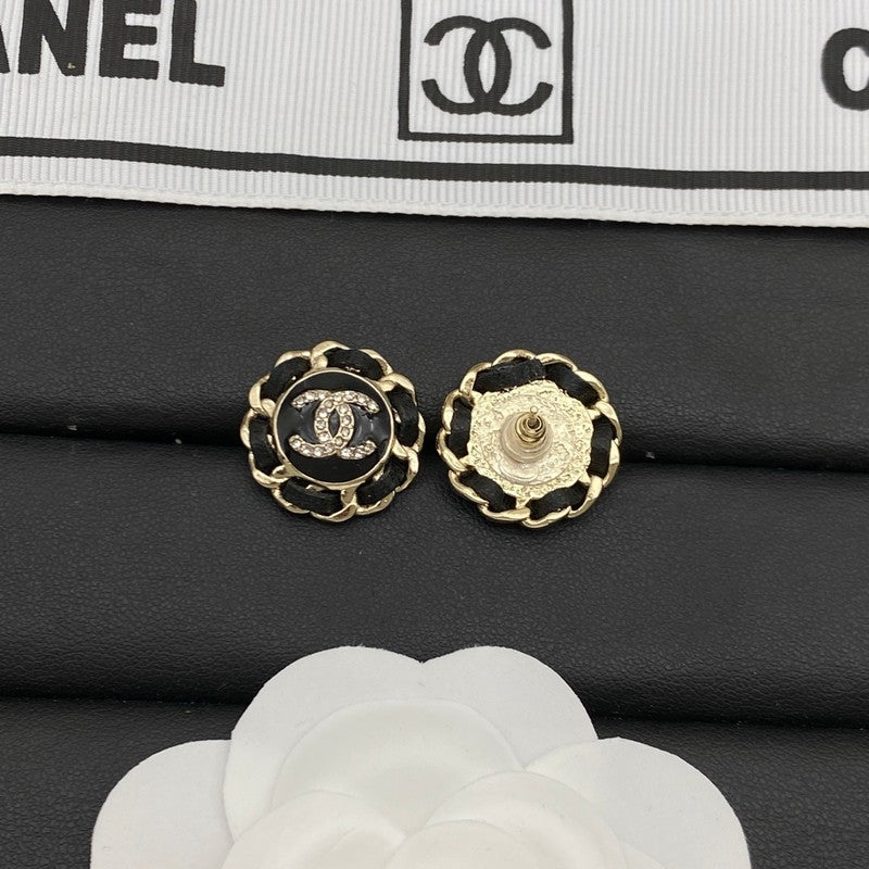 CC Black Leather Round Earrings