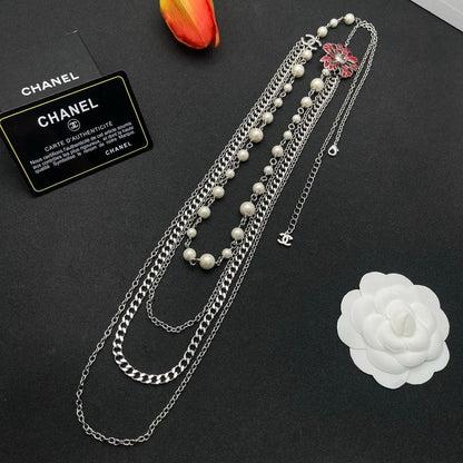 CC Red Flower Pearl Long Chain Necklace