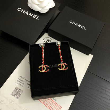 CC Red Leather Gold Long Earrings