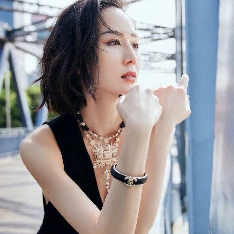 CC Black Leather Cuff Bracelet