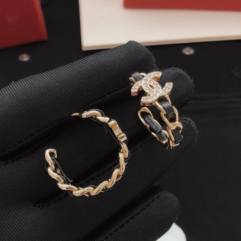 CC Black Leather Gold Earrings