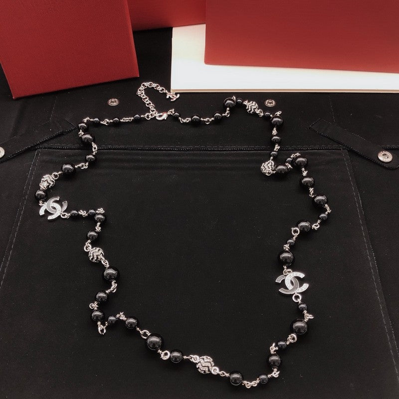 CC Black Beads Long Pearl Necklace