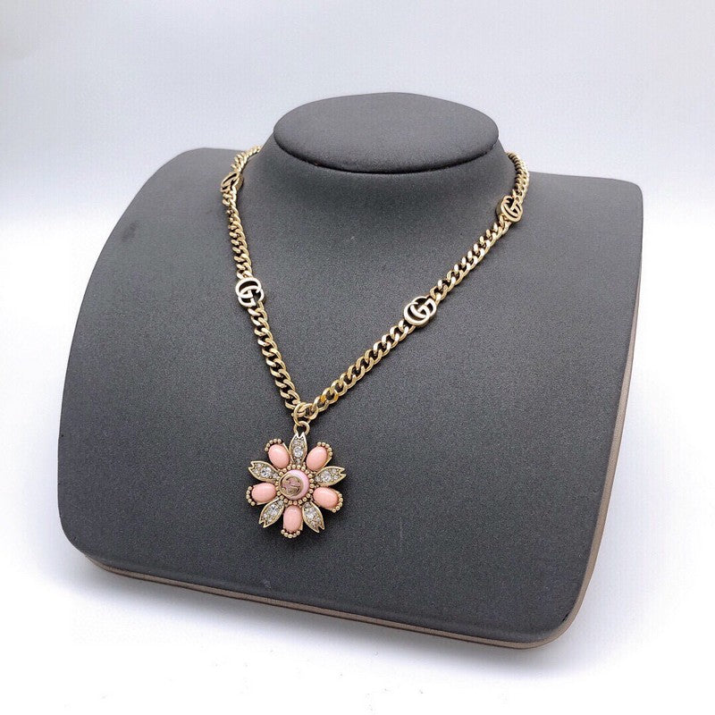 GG Pink Pearl Flower Gold Chain Necklace