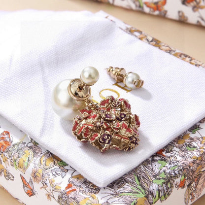 CD Tribales Red Flower Heart Faux Pearl Earrings