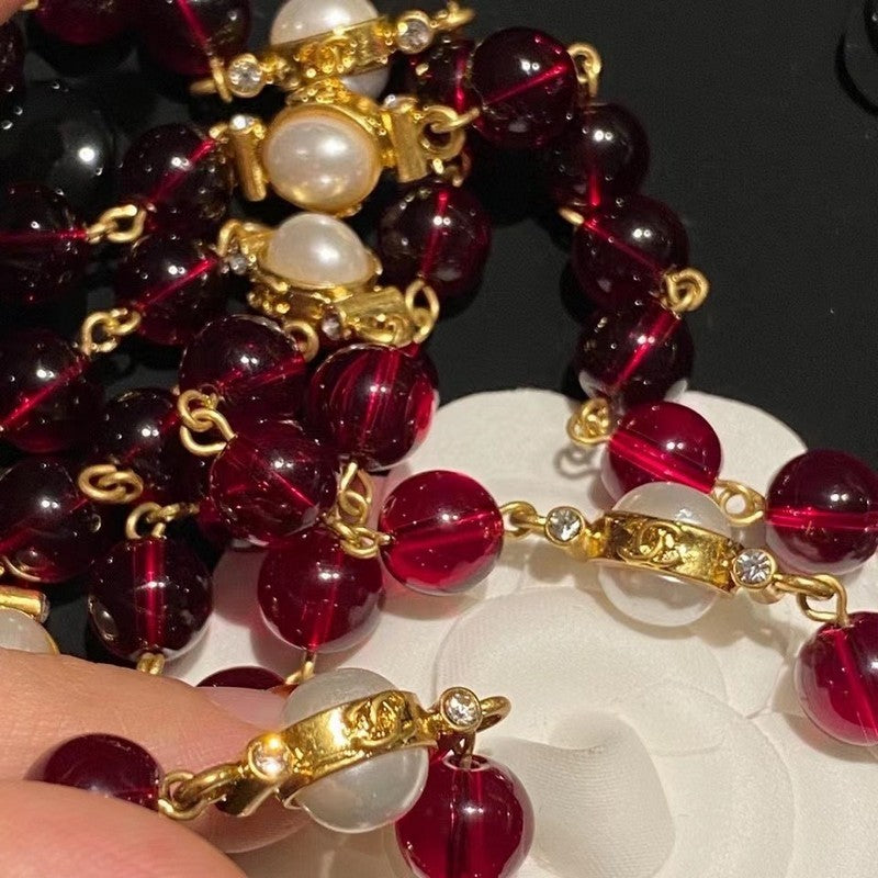 CC Long Red & White Pearls Necklace