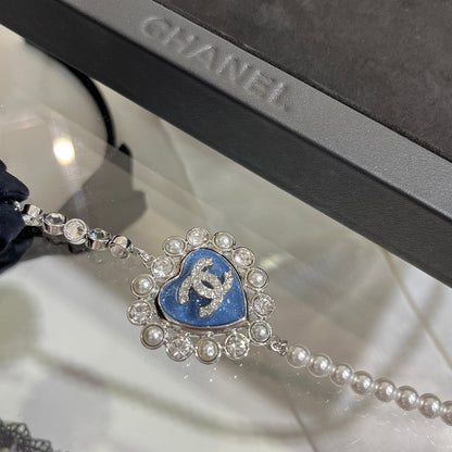 CC 25P Blue Heart Pearl Long Necklace