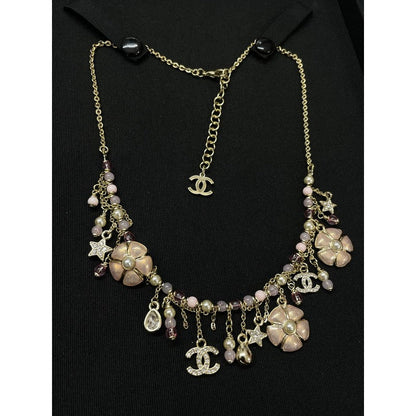 CC Pink Enamel Camellia Pearl Necklace