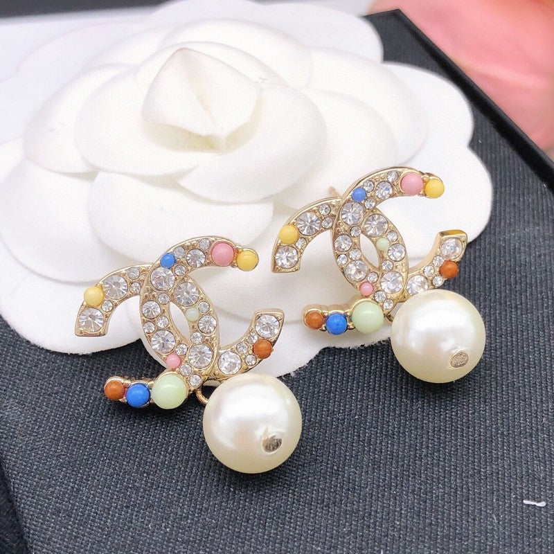 CC Color Pearl Gold Pendant Earrings