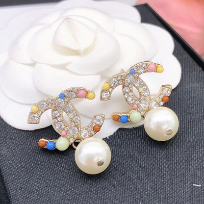 CC Color Pearl Gold Pendant Earrings
