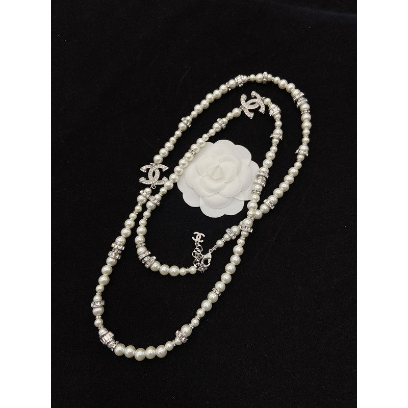 CC White Gold Pearl Long Necklace