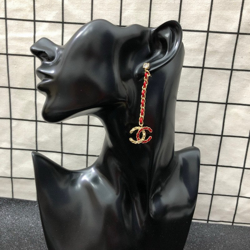 CC Red Leather Gold Long Earrings