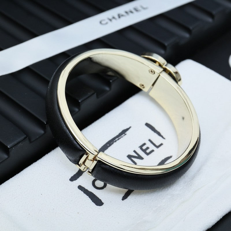 CC Black Leather Cuff Bracelet