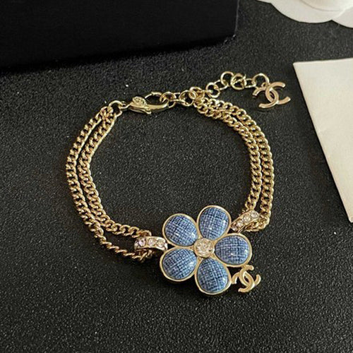 CC Vintage Blue Flower Gold Chain Bracelet