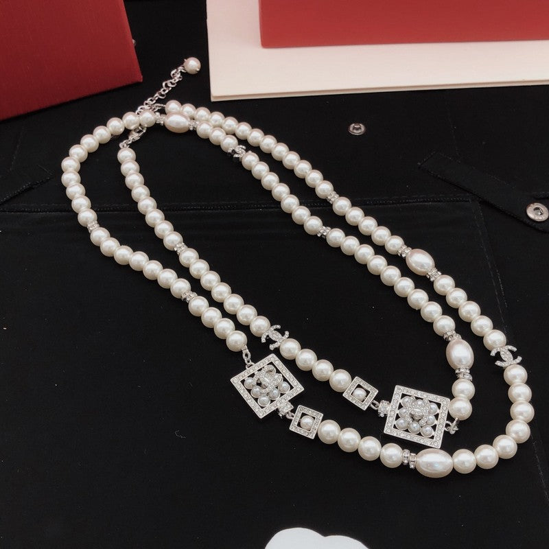 CC Square Diamond Long Pearl Necklace