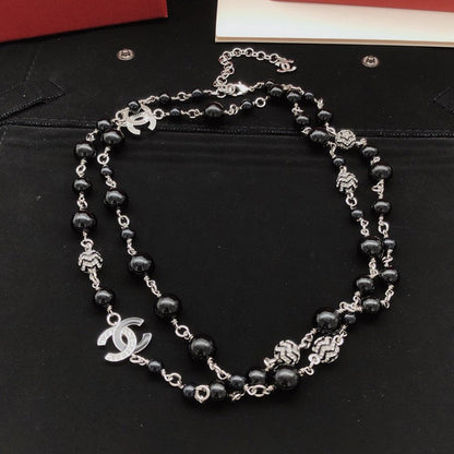 CC Black Beads Long Pearl Necklace
